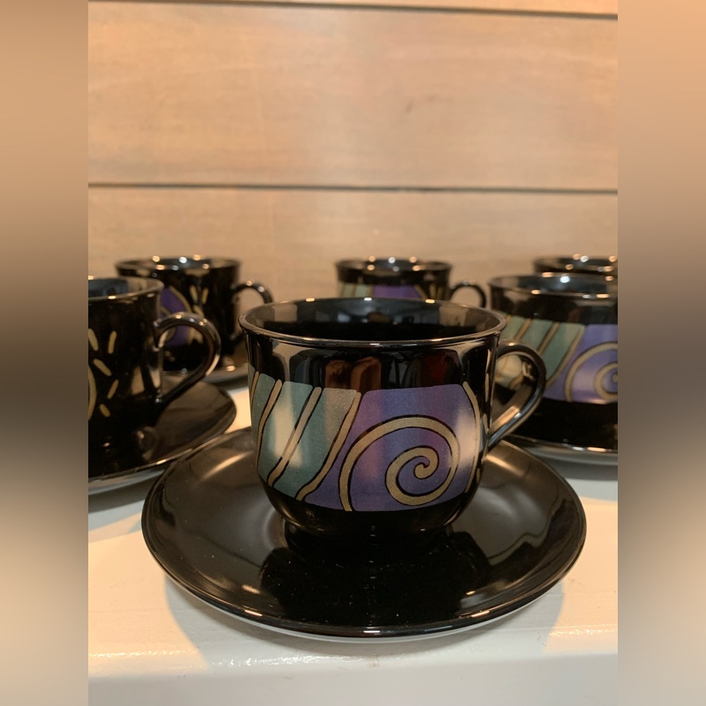 Arcoroc Tampico VTG Black Multi Pattern Coffee Cups & Saucers Set of 12 France - Picture 2 of 5